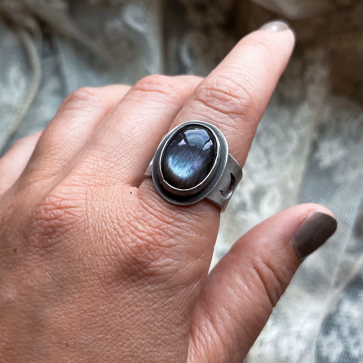 Black Moonstone Wide Band Ring