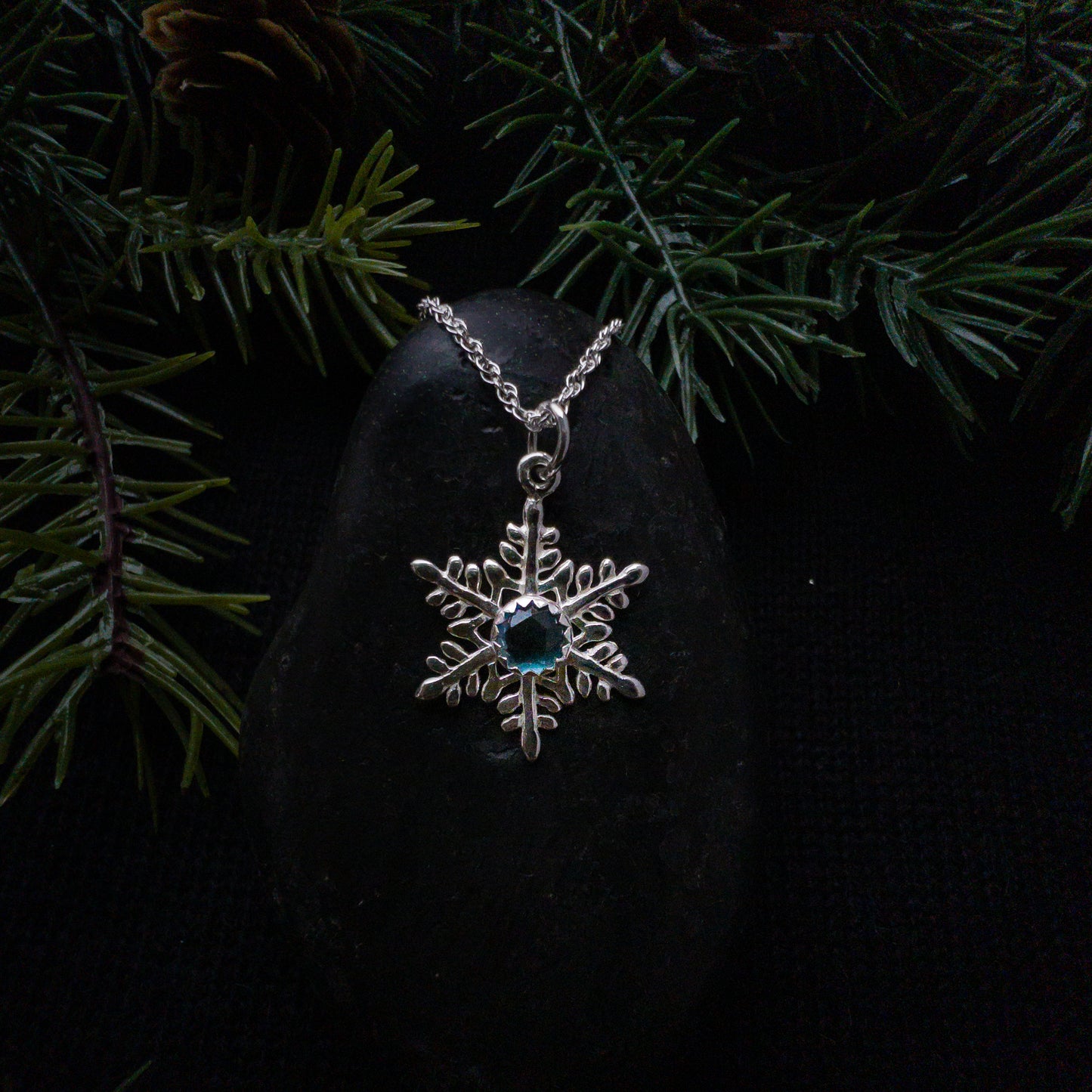 Dainty Snowflake Pendant with London Blue Topaz